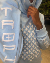 Load image into Gallery viewer, TROPHI PUFF PRINT CROPPED HOODIE- BABY BLUE