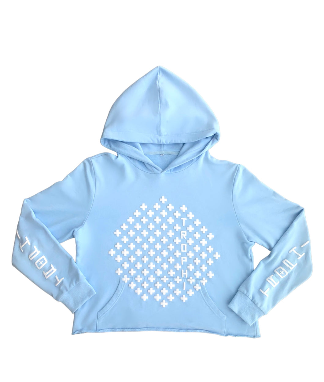 TROPHI PUFF PRINT CROPPED HOODIE- BABY BLUE